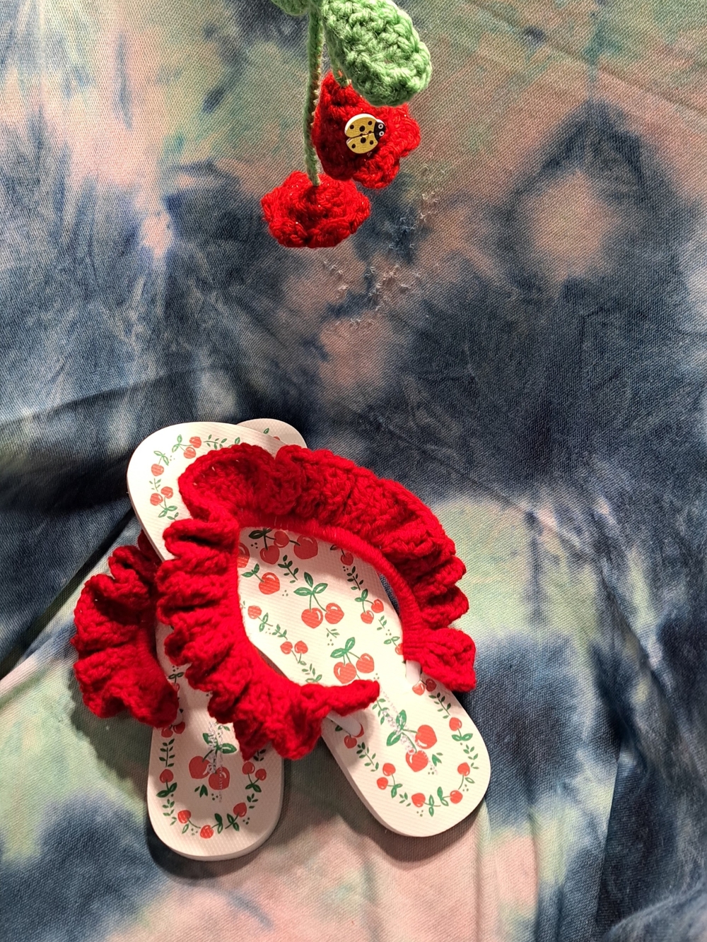 Cherry Print Flip Flops with crochet Red Ruffles